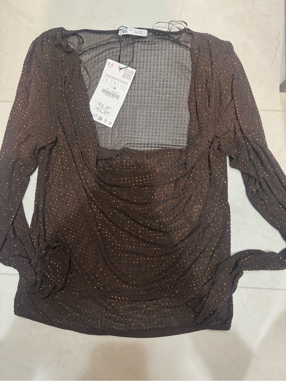 Zara Brown Sheer Long-Sleeve Top with Metallic Dot Detail